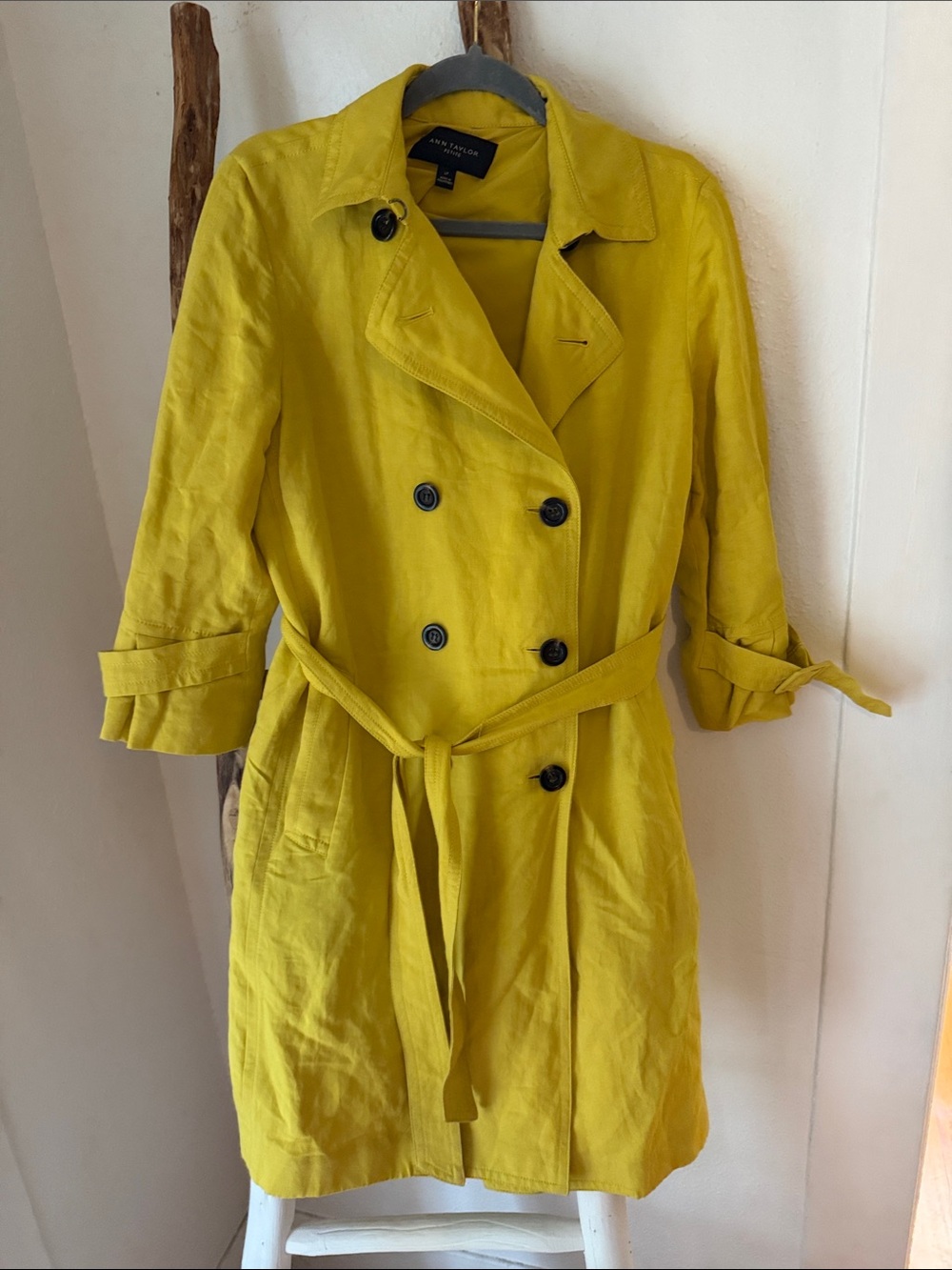 Ann Taylor Petit Bright Yellow Double-Breasted Linen Blend Trench Coat L P